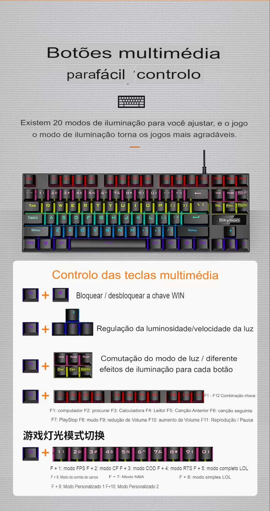 Teclado mecânico com fio SKYLION K87 20 tipos de iluminação para jogos e  escritório Microsoft Windows e sistema Apple IOS - FRETE GRÁTIS - MDT Store